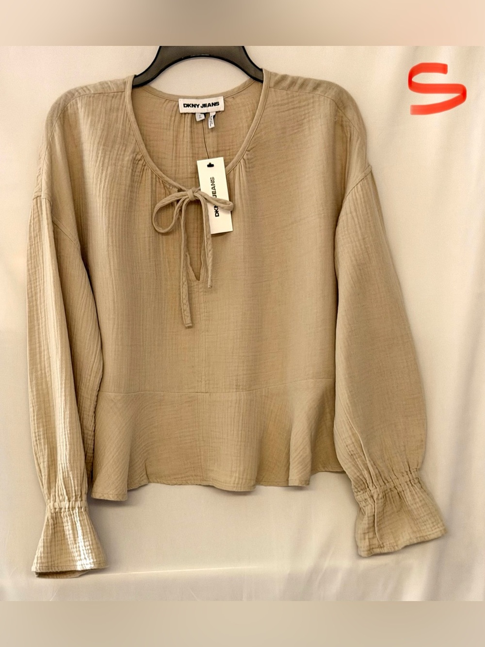 DKNY Beige Tie-Neck Peasant Blouse with Peplum Hem